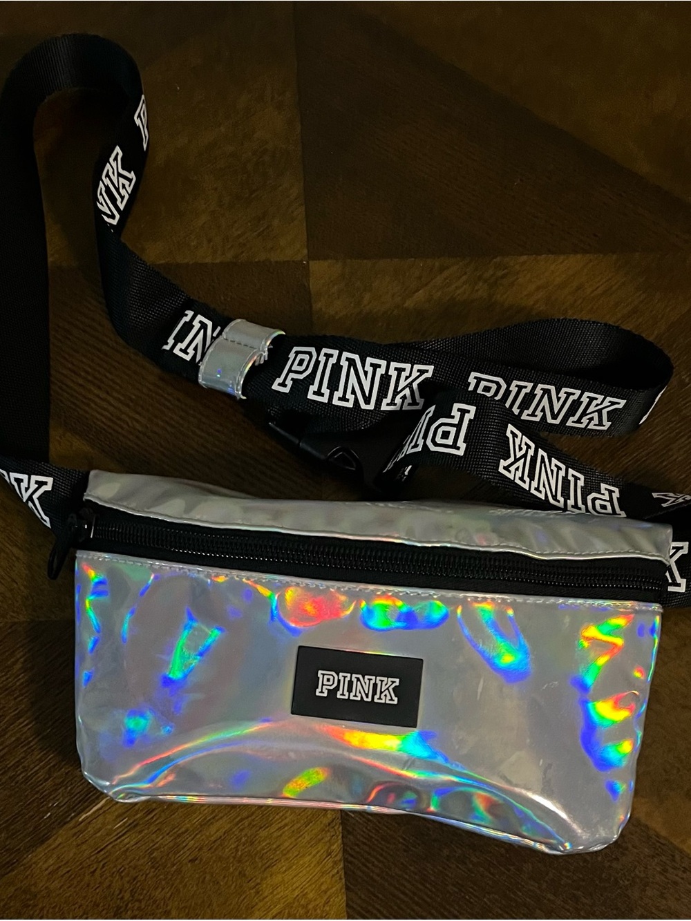 PINK Victoria's Secret Iridescent Holographic Waist Bag with Black Logo Strap